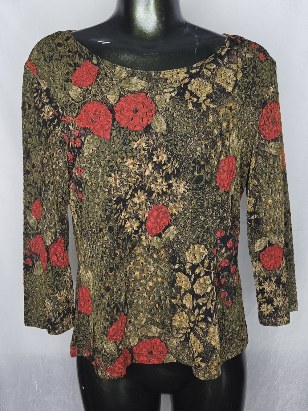 90s Y2K Grunge Stretchy Floral 3/4 Sleeve Top Nature Girl Green + Red Earth Tone